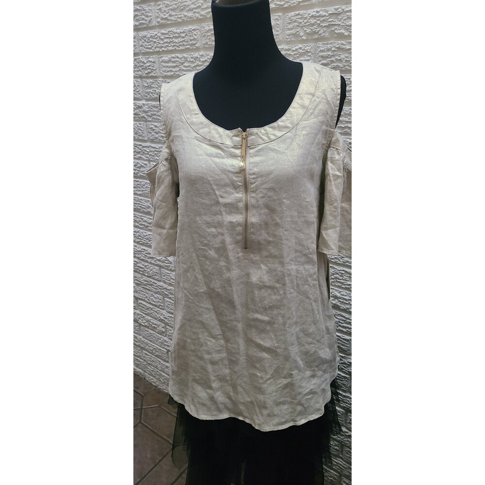 Ellen Tracy 100% Linen Womens Sz S Beige Gold Zip Tunic Blouse See Through Sleev